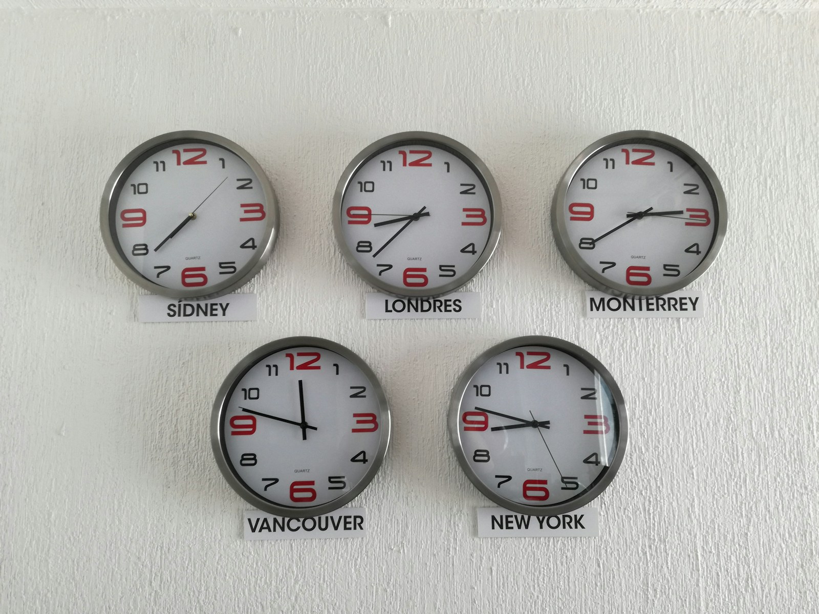 Five wall clocks in a row labelled Sydney, London, Monterrey, Vancouver and New York, each showing a different time