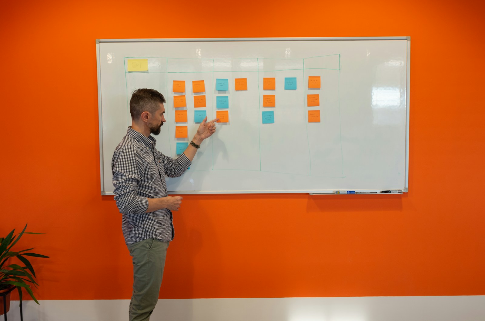 A bearded man in a checked shirt points at orange and blue sticky notes arranged in columns on a whiteboard