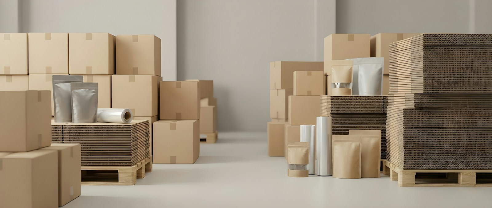 Stacks of flat-packed cardboard boxes, mailer bags and rolls of packing film on pallets in a bright warehouse